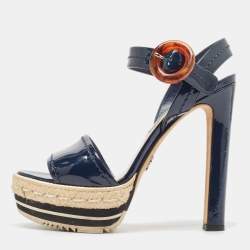 Prada Navy Blue Patent Leather Espadrille Platform Ankle Strap Sandals Size 37