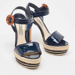 Prada Navy Blue Patent Leather Espadrille Platform Ankle Strap Sandals Size 37