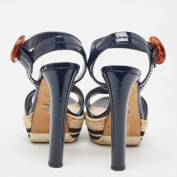 Prada Navy Blue Patent Leather Espadrille Platform Ankle Strap Sandals Size 37