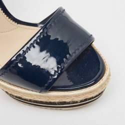 Prada Navy Blue Patent Leather Espadrille Platform Ankle Strap Sandals Size 37