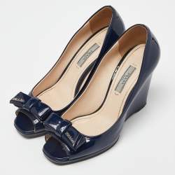 Prada Navy Blue Patent Leather Bow Peep Toe Wedge Pumps Size 37.5