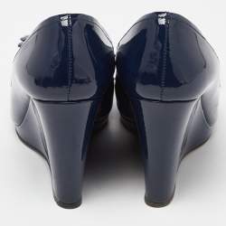 Prada Navy Blue Patent Leather Bow Peep Toe Wedge Pumps Size 37.5