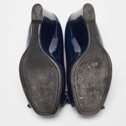Prada Navy Blue Patent Leather Bow Peep Toe Wedge Pumps Size 37.5