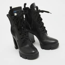 Prada Black Leather and Neopreme Block Heel Ankle Boots Size 39