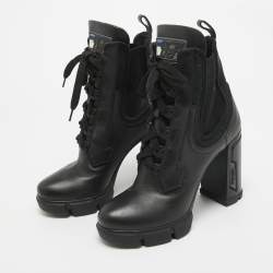 Prada Black Leather and Neopreme Block Heel Ankle Boots Size 39