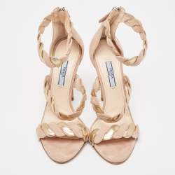 Prada Beige/Gold Suede and Leather Braided Ankle Cuff Sandals Size 38.5