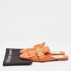 Pre Owned Prada Orange Leather Fringe Buckle Flat Mules Size 39.5