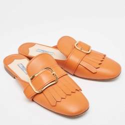 Pre Owned Prada Orange Leather Fringe Buckle Flat Mules Size 39.5