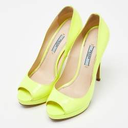Pre Owned Prada Neon Yellow Patent Leather Platform Peep Toe Pumps Size 38.5