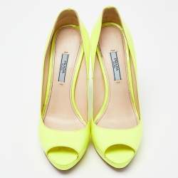 Pre Owned Prada Neon Yellow Patent Leather Platform Peep Toe Pumps Size 38.5