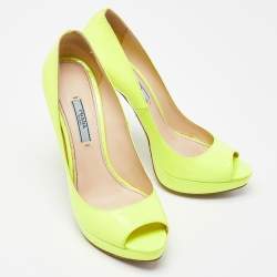 Pre Owned Prada Neon Yellow Patent Leather Platform Peep Toe Pumps Size 38.5