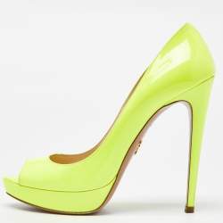 Pre Owned Prada Neon Yellow Patent Leather Platform Peep Toe Pumps Size 38.5