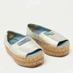 Pre Owned Prada Metallic Silver Leather Open Toe Platform Espadrille Flats Size 36.5