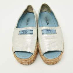 Pre Owned Prada Metallic Silver Leather Open Toe Platform Espadrille Flats Size 36.5
