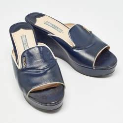 Prada Navy Blue Saffiano Patent Leather Logo Wedge Sandals Size 38