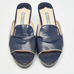 Prada Navy Blue Saffiano Patent Leather Logo Wedge Sandals Size 38