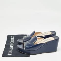 Prada Navy Blue Saffiano Patent Leather Logo Wedge Sandals Size 38