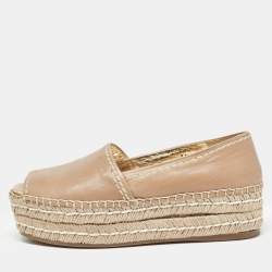 Prada Beige Leather Peep Toe Espadrilles Platform Flats Size 36