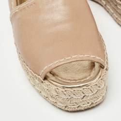 Prada Beige Leather Peep Toe Espadrilles Platform Flats Size 36