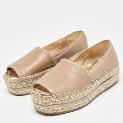 Prada Beige Leather Peep Toe Espadrilles Platform Flats Size 36