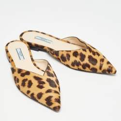 Prada Brown Leopard Print Calfhair Slide Mules Size 37