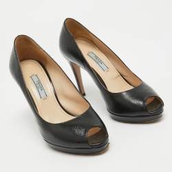 Prada Black Saffiano Vernice Leather Peep Toe Platform Pumps Size 36