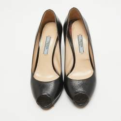 Prada Black Saffiano Vernice Leather Peep Toe Platform Pumps Size 36