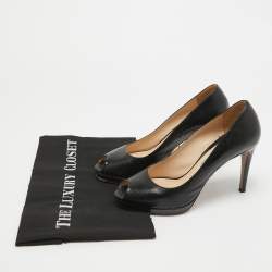 Prada Black Saffiano Vernice Leather Peep Toe Platform Pumps Size 36