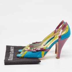 Pre Owned Prada Tricolor Canvas and Patent Leather Peep Toe Pumps Size 40.5