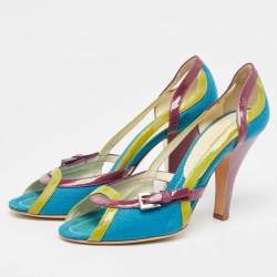 Pre Owned Prada Tricolor Canvas and Patent Leather Peep Toe Pumps Size 40.5
