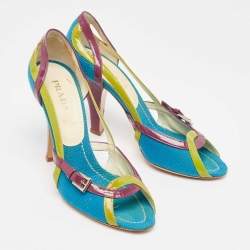Pre Owned Prada Tricolor Canvas and Patent Leather Peep Toe Pumps Size 40.5
