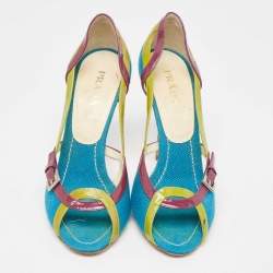Pre Owned Prada Tricolor Canvas and Patent Leather Peep Toe Pumps Size 40.5