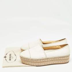 Pre Owned Prada White Leather Platform Slip On Espadrille Flats Size 40.5