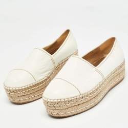 Pre Owned Prada White Leather Platform Slip On Espadrille Flats Size 40.5