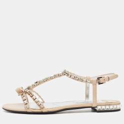Prada Beige Patent Leather Crystal Embellished Bow Ankle Strap Sandals Size 36.5