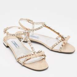 Prada Beige Patent Leather Crystal Embellished Bow Ankle Strap Sandals Size 36.5