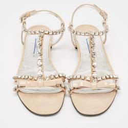 Prada Beige Patent Leather Crystal Embellished Bow Ankle Strap Sandals Size 36.5