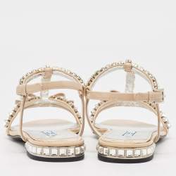 Prada Beige Patent Leather Crystal Embellished Bow Ankle Strap Sandals Size 36.5