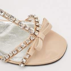 Prada Beige Patent Leather Crystal Embellished Bow Ankle Strap Sandals Size 36.5