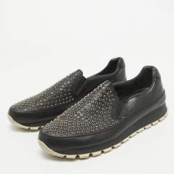 Prada Black Leather Studded Slip On Sneakers Size 40