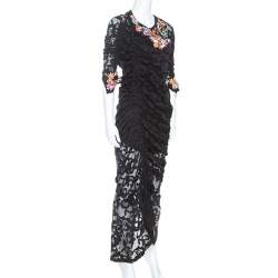 Preen Black Stretch Lace Embellished Detail Ruched Georgia Dress L