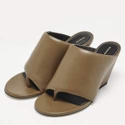 Pre Owned Proenza Schouler Brown Leather Slant Wedge Tong Sandals Size 37.5