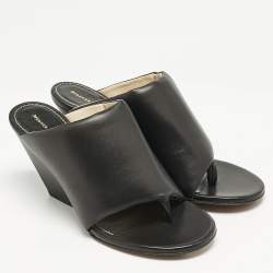 Pre Owned Proenza Schouler Black Leather Slant Wedge Tong Sandals Size 38.5