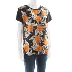 Pre Owned Proenza Schouler Black Slub Jersey Contrast Floral Print T-Shirt S
