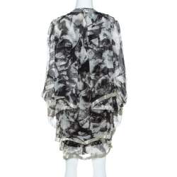 Pre Owned Proenza Schouler Monochrome Abstract Print Sheer Silk Embellished Waterfall Jacket and Dress Set M