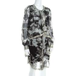 Pre Owned Proenza Schouler Monochrome Abstract Print Sheer Silk Embellished Waterfall Jacket and Dress Set M