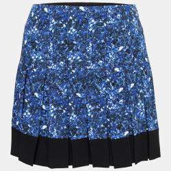 Pre Owned Proenza Schouler Blue and Black Micro Printed Silk Georgette Pleated Skirt S