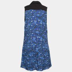 Pre Owned Proenza Schouler Blue and Black Micro Printed Silk Georgette Flared Dress S