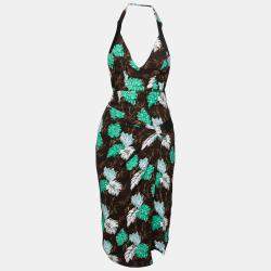 Pre Owned Proenza Schouler Brown Jungle Leaf Print Draped Halter Midi Dress S