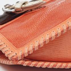 Pre Owned Proenza Schouler Orange/White Textured Leather and Stingray Tika Clutch Bag